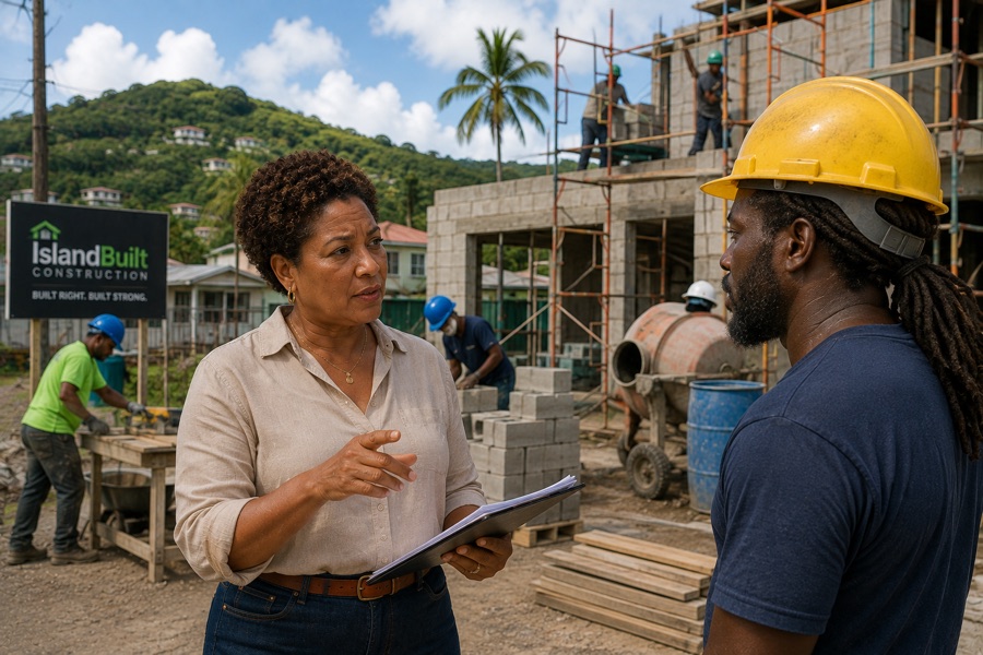 A Saint Lucia contractor reviewing a decision with her site foreman